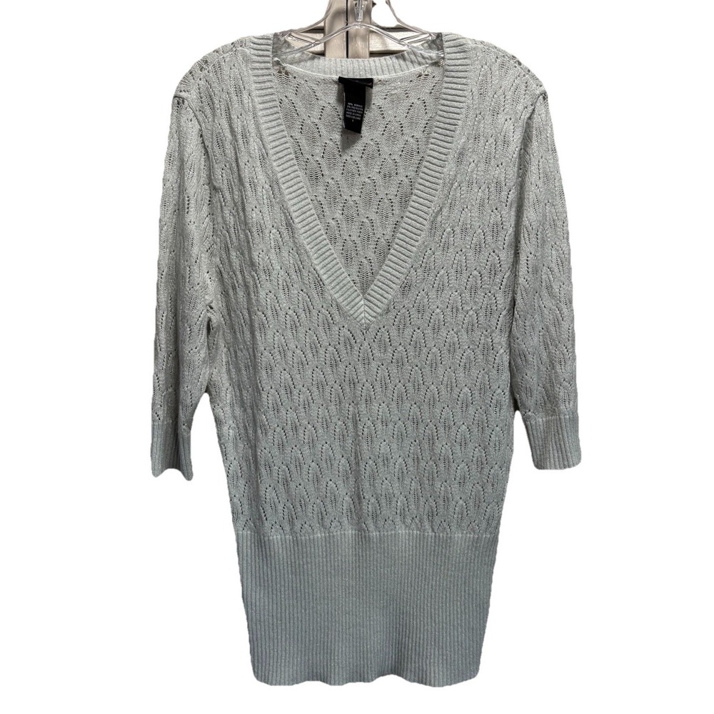 Torrid Open Knit Sweater Gray Sparkle Size 1 3/4 Sleeve V Neck Soft Band Bottom